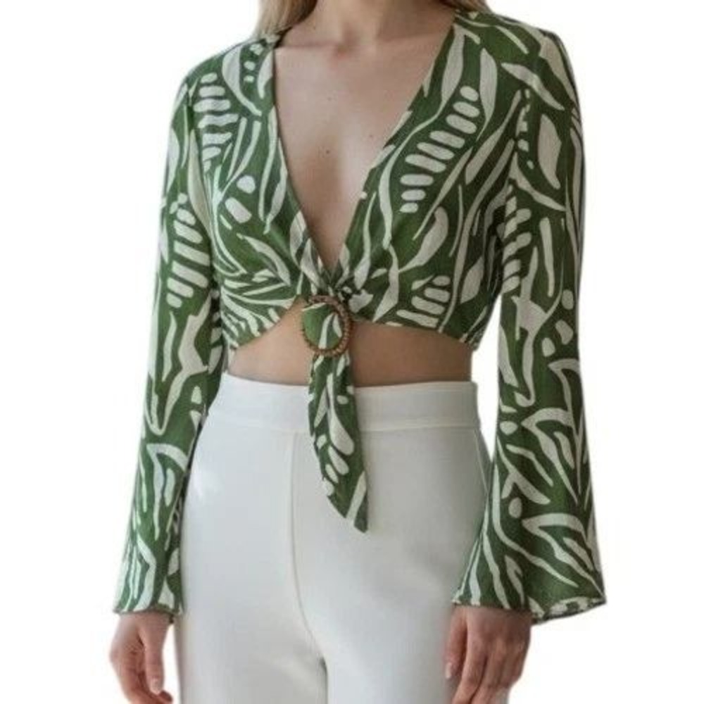 House of Harlow 1960 Green White‎ Leaf Print Tie Front Long Sleeve Crop Top S